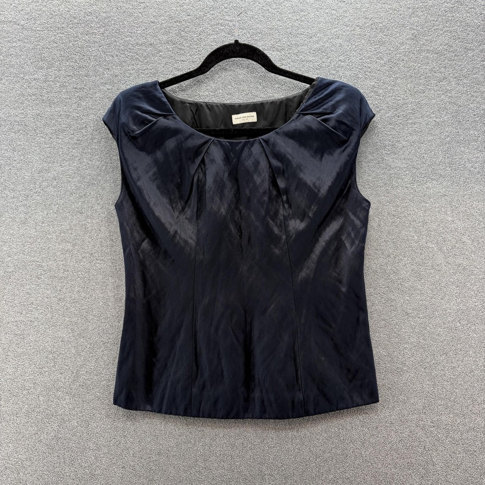 Dries Van Noten Blouse Women 8 Blue Satin Pleated Cap Sleeve Career Party Shell